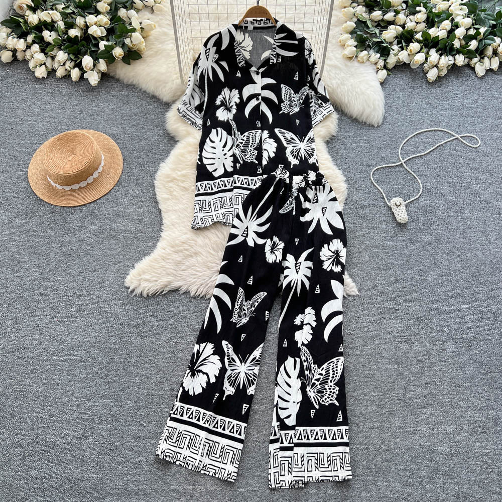 Bohemian style printed short-sleeve polo shirt + elastic waist wide-leg slimming straight-leg pants power suit
