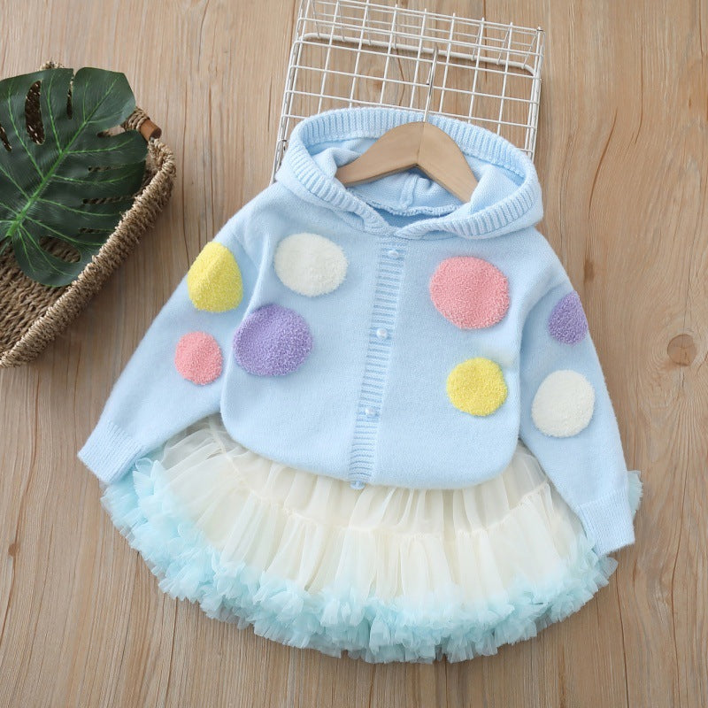 fall/winter new arrivals: kids' knitted sweater set - colorful balloon design, girls' hoodie, tutu skirt, cute princess style, round neck dress set