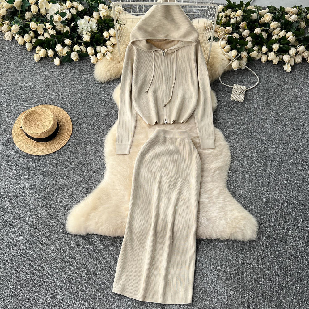Fall and wintercasualsuitfemale celebrityfashion hot diamond hooded zipper cardigansweateroutwearknitting hip skirt