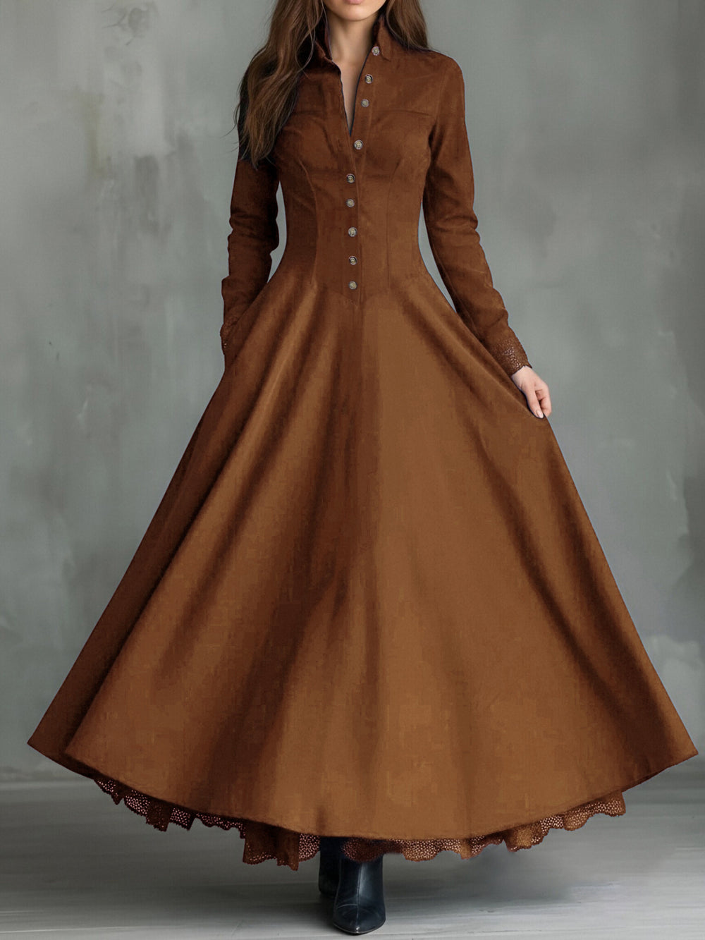 European and american cross-border  independent station french retro high-end faux suede lace trim patchwork shirt dress