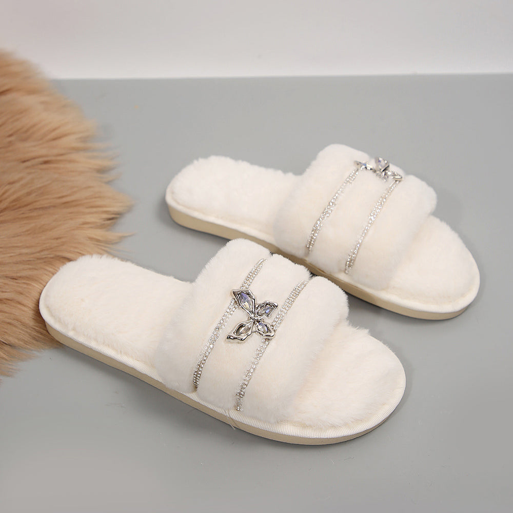 Rhinestone butterfly cotton slippers women's autumn winter new indoor and outdoor home plush warm slippers women's slippers