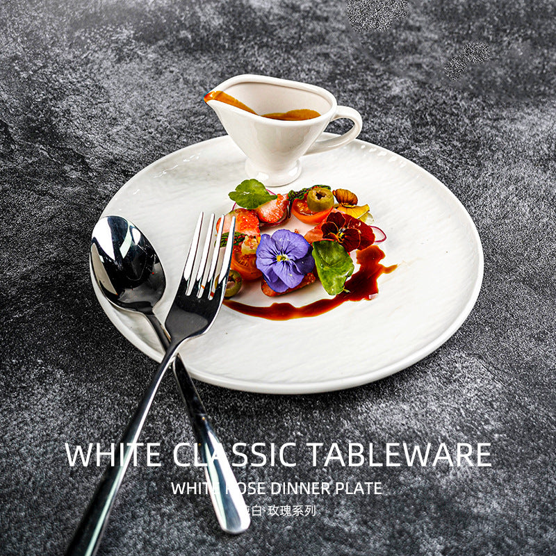 European-style creative art embossed display plate, steak plate, vintage-style pure white ceramic western dinner plate, dessert presentation plate