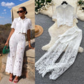 French chic, sophisticated lace cutout short sleeve top and wide-leg pant set - premium summer collection