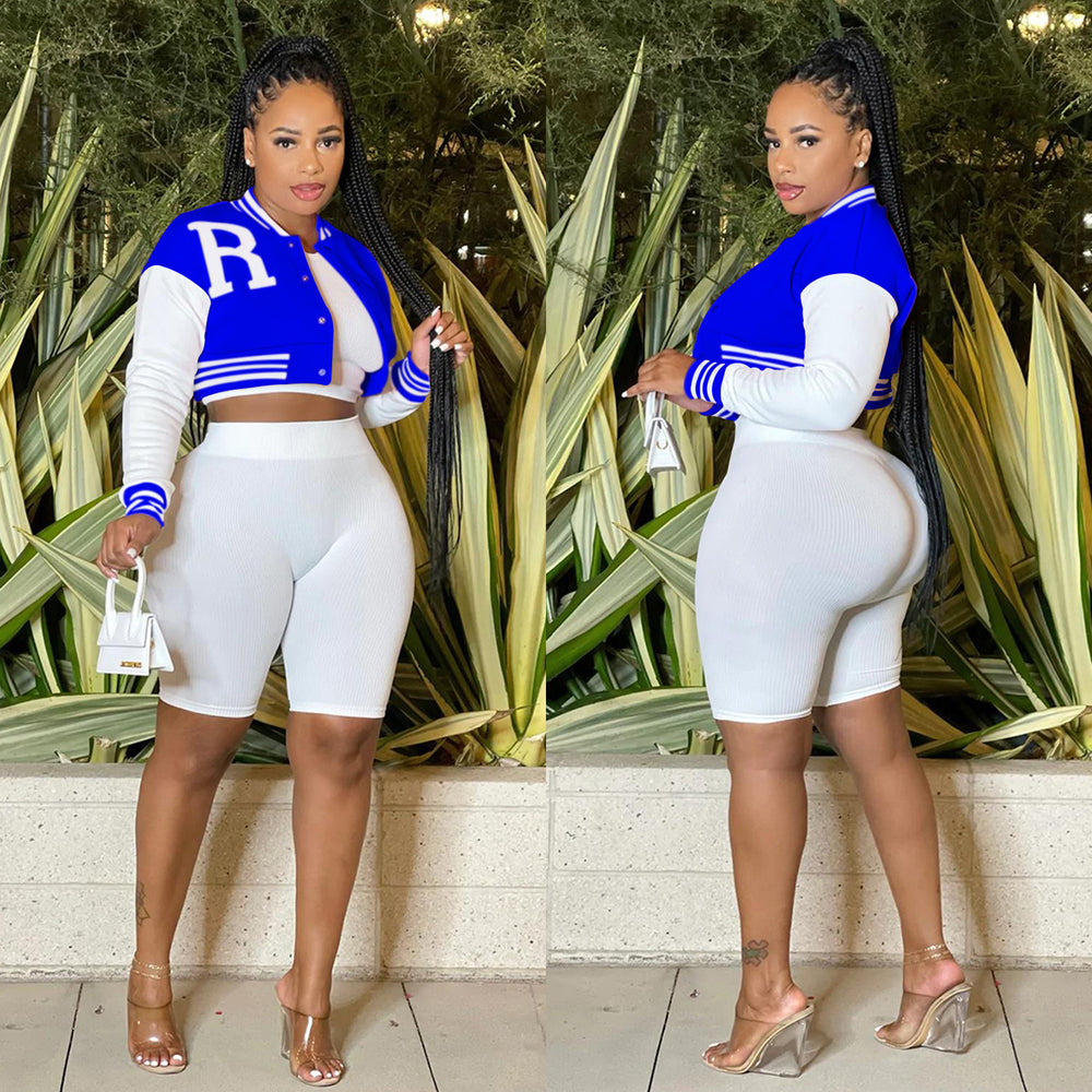 X6001 cross-border   fashion women's long-sleeved cropped jacket with lined shorts three-piece set