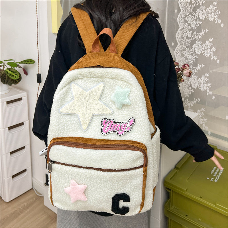 2025 new lambswool patchwork spring outing backpack - cute korean style student backpack, fresh and sweet plush women's bag