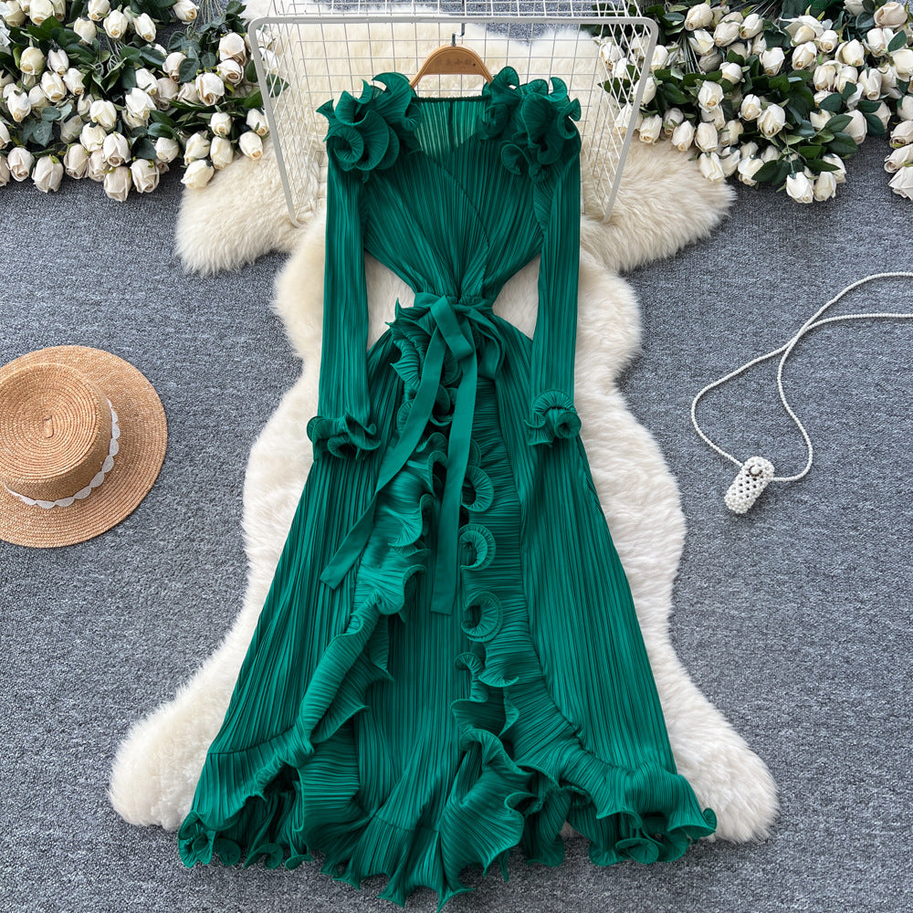 European and american niche style 3d ruffle trim tie-waist long sleeve pleated maxi dress with slit