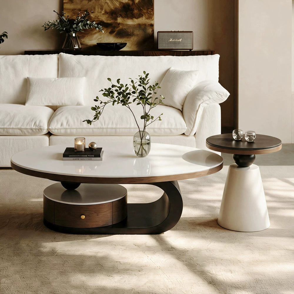 Wabi-sabi style coffee table, oval rock slab combination, small apartment home living room, retro high-end storage design tea table