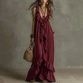 cross-border european and american women's clothing: new summer casual fashion v-neck sleeveless ruffle hem vintage maxi dress