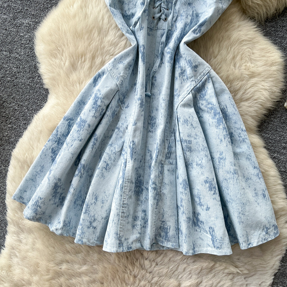 Sweet girly style tie-waist a-line denim mini dress - summer slimming & age-defying