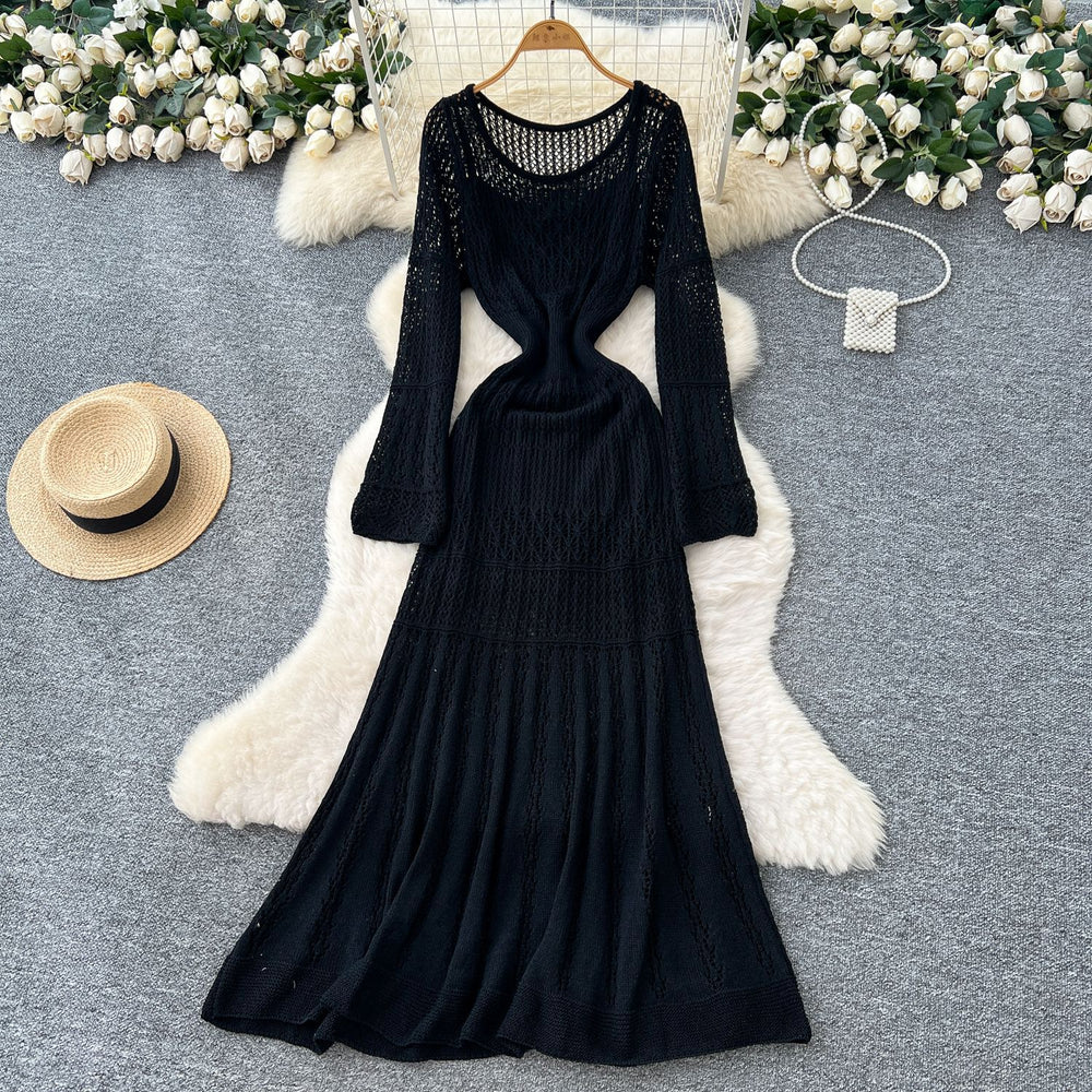 Lazy style casualclassy sense cut out crochet knittingdress women's inner suspender bottom skirt korean two-piece set