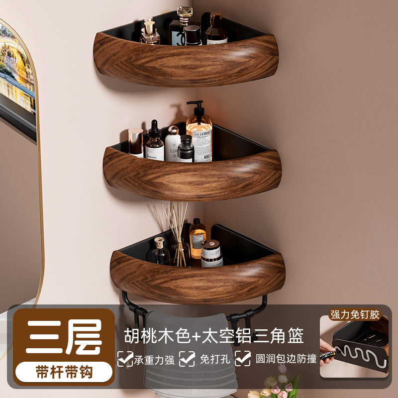 Walnut wood chinese style bathroom corner shelf - no drilling required - hand wash, toilet, and shower gel organizer