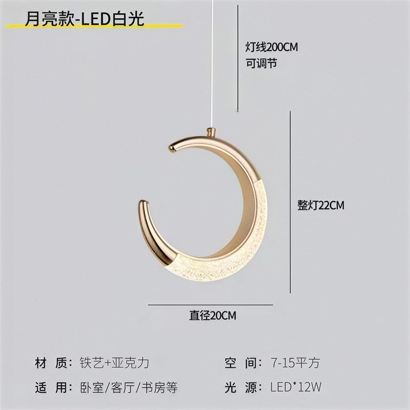 Luxury gold crystal crescent moon ring bedside pendant light - modern minimalist c-ring for bedroom, bar, entryway, and boutique hotel ambiance