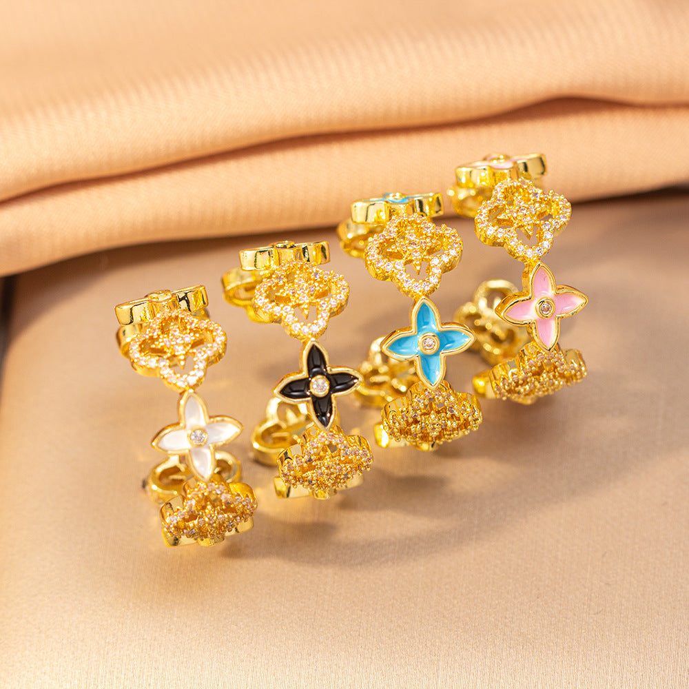 Copper micro-embedded diamond four-leaf clover hot-selling open ring female niche styleinsfashionelegantaccessible luxury ring jewelry