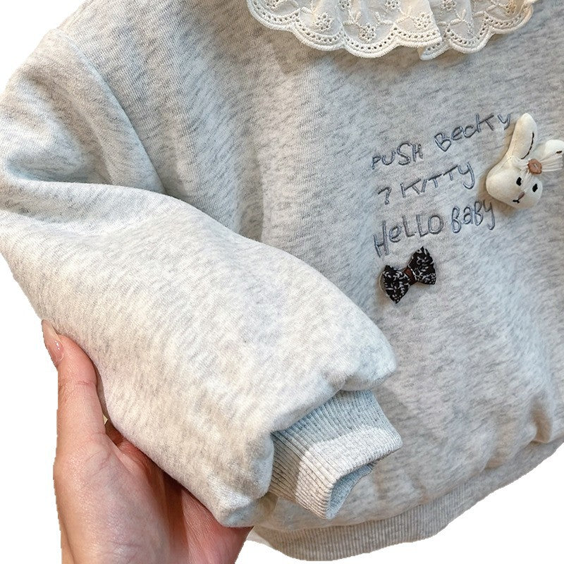 Girls' autumn/winter three-layer quilted padded sweatshirt, korean style trendy top, baby girl long-sleeved warm base layer