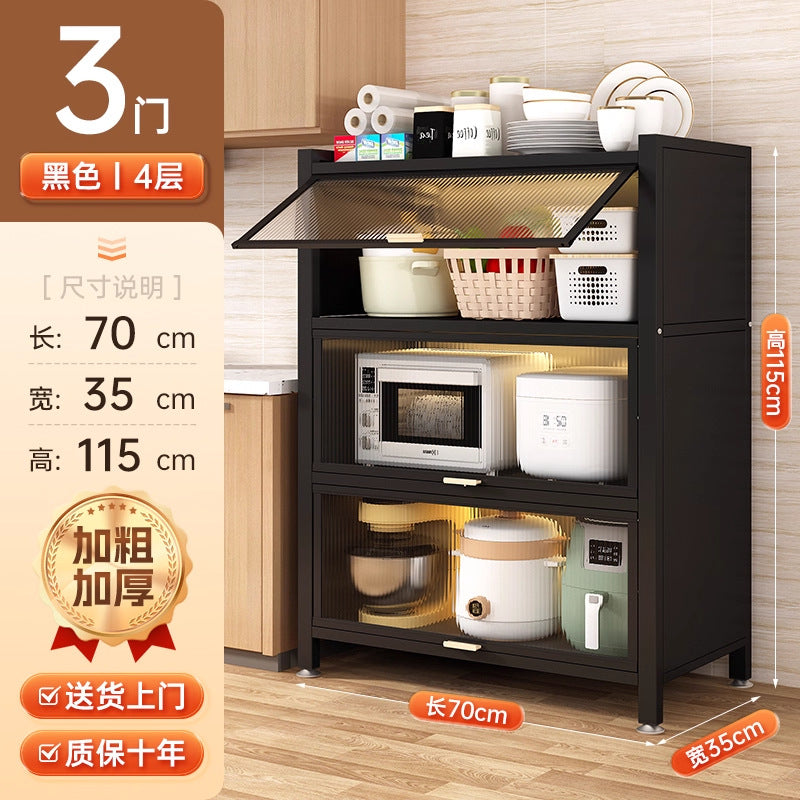 Multifunctional kitchen storage rack with cabinet doors, floor-standing, multi-tier, dustproof storage cabinet for microwave, pots, pans, and bowls