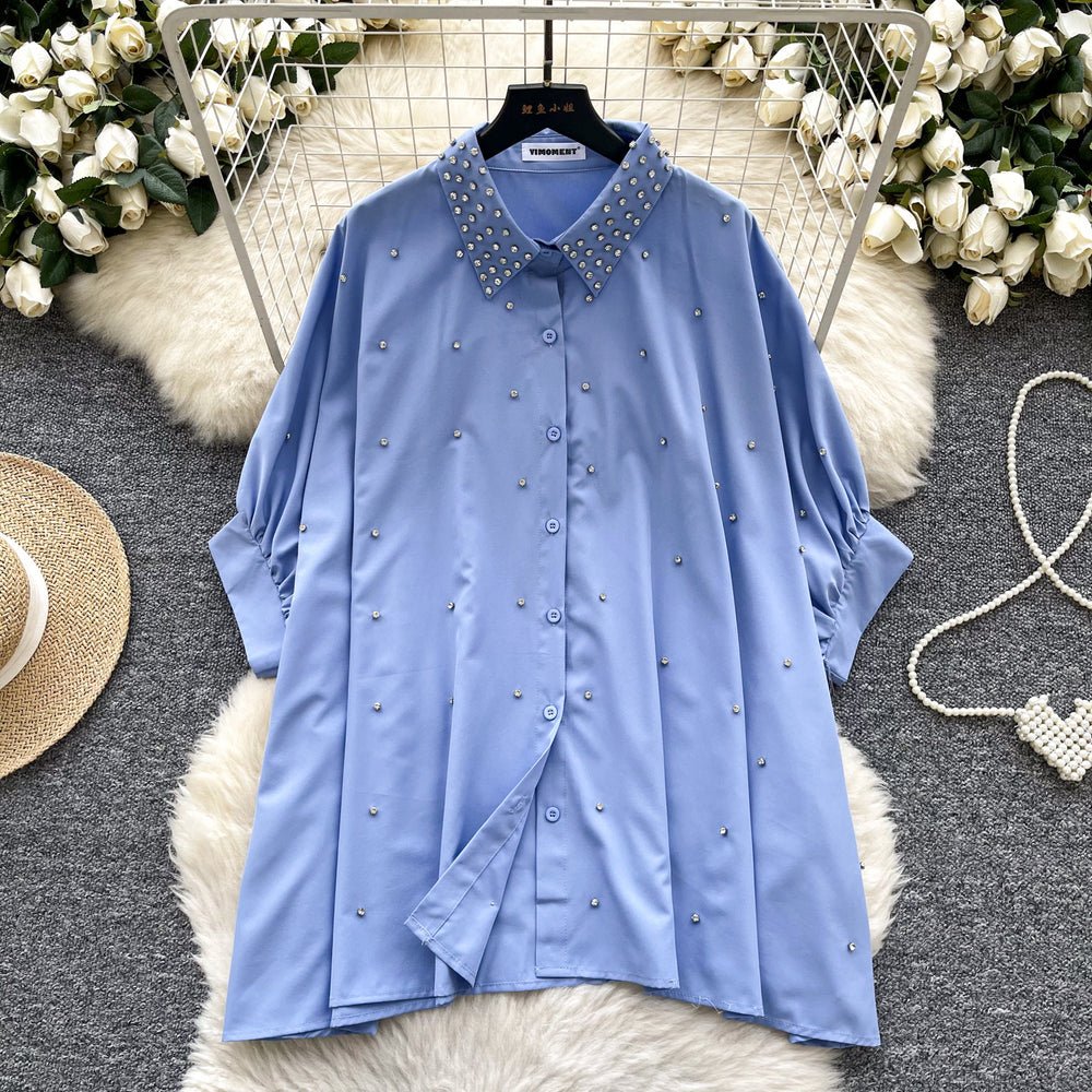 European fashionable tops for women design sense heavy industry inlaid diamond polo collar bat sleeve single breasted loosecasualshirt women
