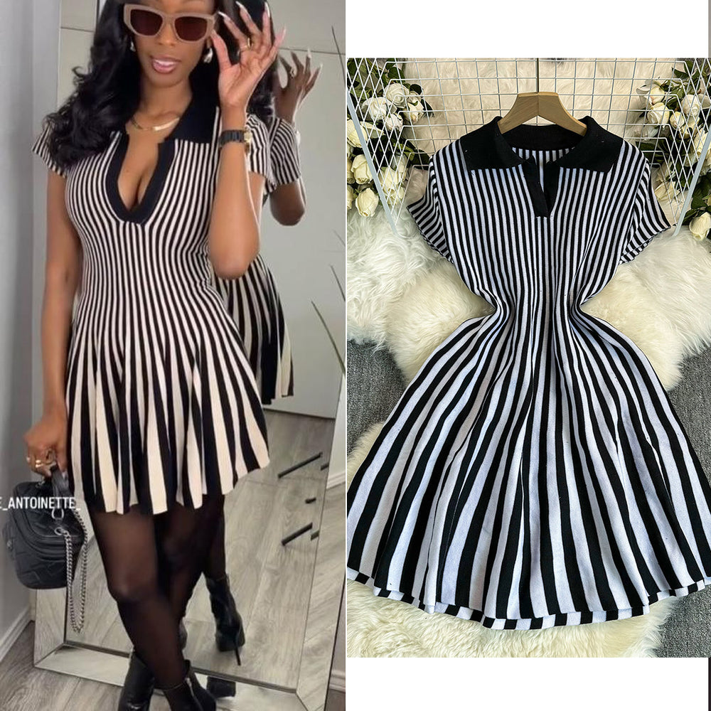Exportfrenchcontrast colorretro lapel short sleeve stripesknittingdress women's waist elegantslimming looka-line skirt
