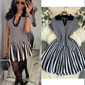 Exportfrenchcontrast colorretro lapel short sleeve stripesknittingdress women's waist elegantslimming looka-line skirt
