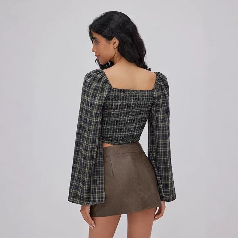 European and american retro plaid long sleeve square neck tie-front fashionable cropped shirt -  spring new arrival - elegant top