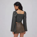 European and american retro plaid long sleeve square neck tie-front fashionable cropped shirt -  spring new arrival - elegant top