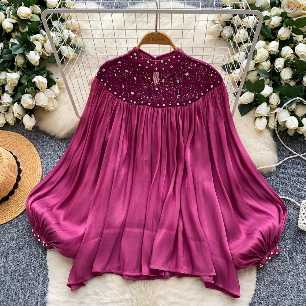 Accessible luxuryeleganceclassy sense of nails and diamonds mesh patchwork lantern sleeves streamer shirt women's autumlooseslimming look bottom shirt