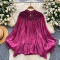 Accessible luxuryeleganceclassy sense of nails and diamonds mesh patchwork lantern sleeves streamer shirt women's autumlooseslimming look bottom shirt