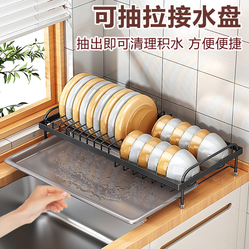 Single-layer dish rack by the sink, storage, kitchen bowl drying rack, pull-in water tray, dish drain rack