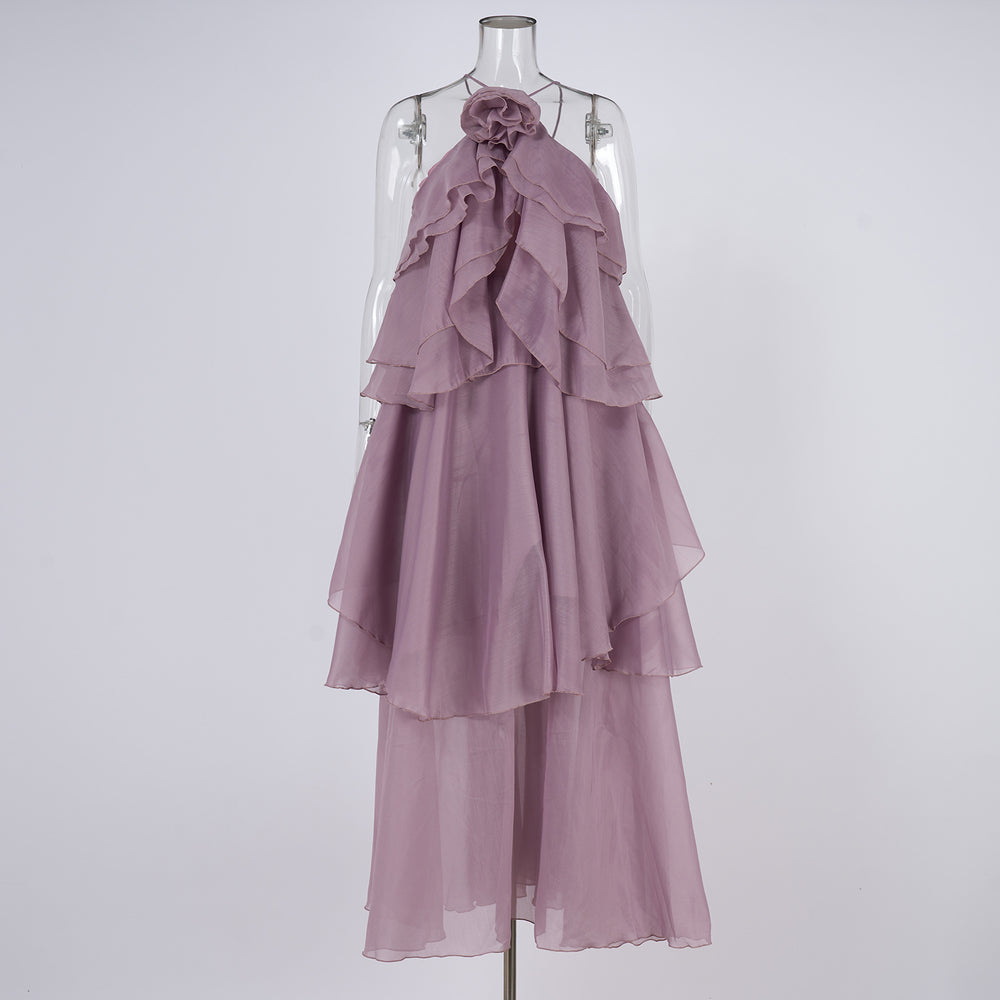 Export cross-border stereo flower decoration large backless halterneck dress holiday style rufflesclassy sense elegance long skirt