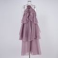 Export cross-border stereo flower decoration large backless halterneck dress holiday style rufflesclassy sense elegance long skirt