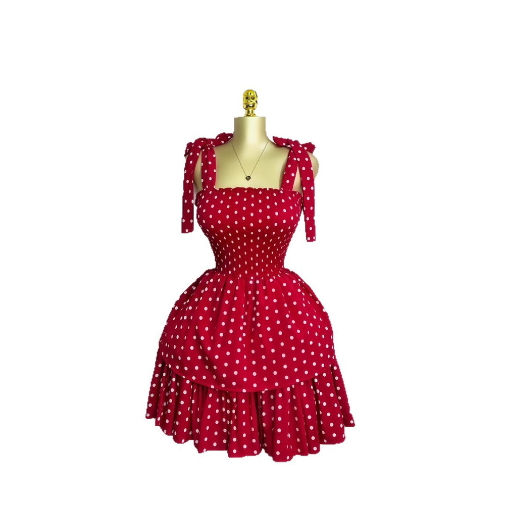 European and american cross-border women's fashion  summer new arrival: polka dot sleeveless butterfly tie waist puffy mini dress