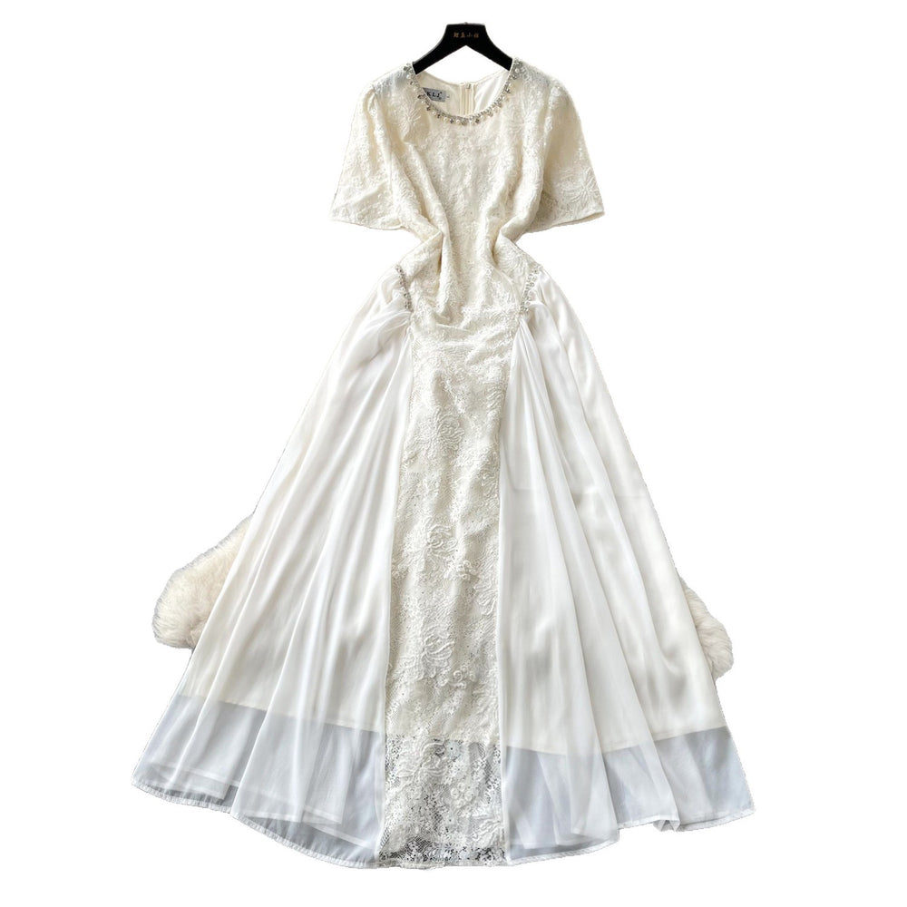 French-style cutout embroidered a-line dress - women's summer short sleeve high waist slimming elegant maxi dress