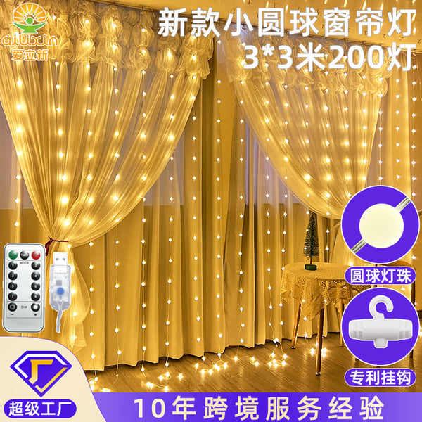 Cross-border new led small ball curtain light string Christmas bedroom decoration USB remote control copper cable led curtain light string