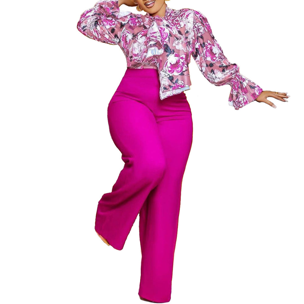 Q070 autumn/winter african women's loose plus size casual printed long sleeve shirt and wide leg pants two-piece set (cross-border)