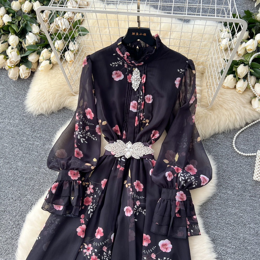French chic dress - new  collection: fashionable, diamond-accented, slim-fit, elegant printed chiffon midi dress