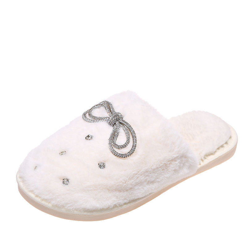 Rhinestone bow slippers women's 2024 new korean style closed-toe fuzzy slippers trendy autumn/winter indoor/outdoor cotton slippers