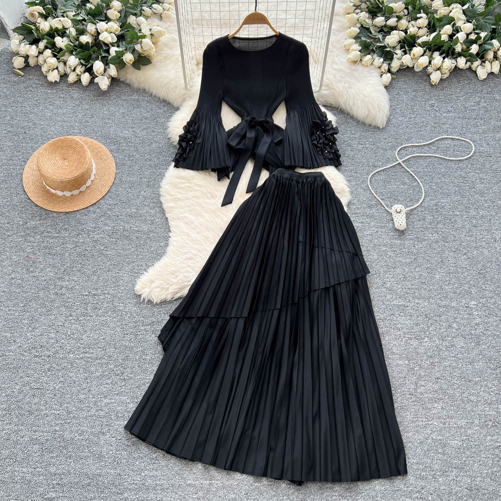 Fashionsense of design strappy waist flared sleeves asymmetrical pleated topshigh waistslimming look large swing skirt suit