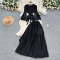 Fashionsense of design strappy waist flared sleeves asymmetrical pleated topshigh waistslimming look large swing skirt suit