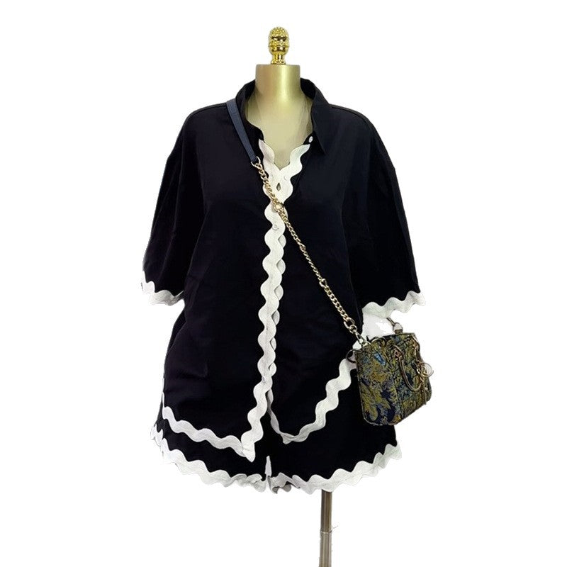 European and american cross-border women's fashion:  summer new arrival - stylish loose-fit turn-down collar patchwork shirt and wide-leg shorts casual set