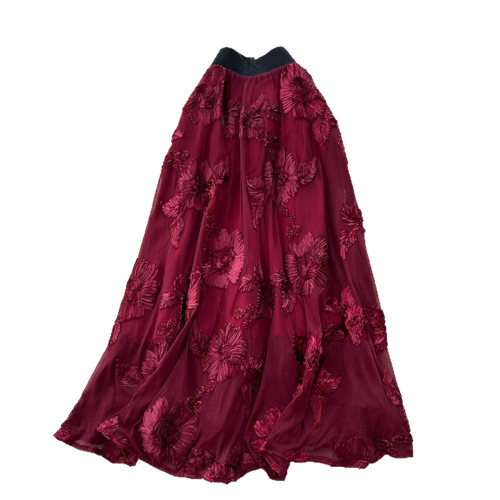 Frenchniche stylefashioneasiest for matchflowerembroiderhigh waist mesh skirt women's autumclassy sense of style mid-length skirt