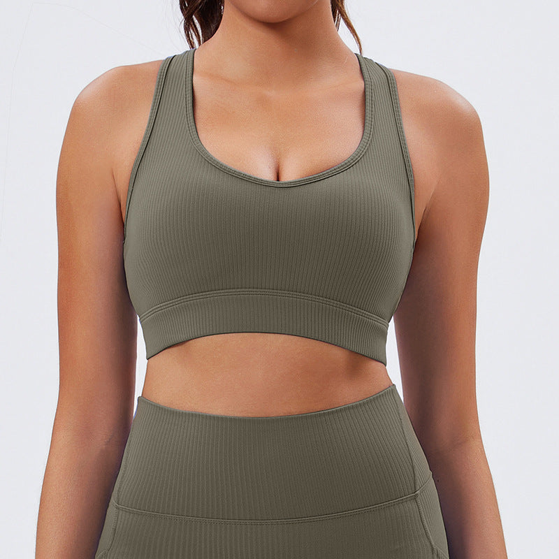Eco-friendly recycled fabric new slimming criss-cross back yoga tank top with built-in bra pads