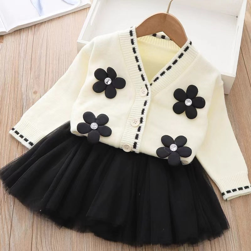 hot-selling children's sweater dress two-piece set, kids' clothing set, knitted cardigan with mesh skirt, direct from the manufacturer