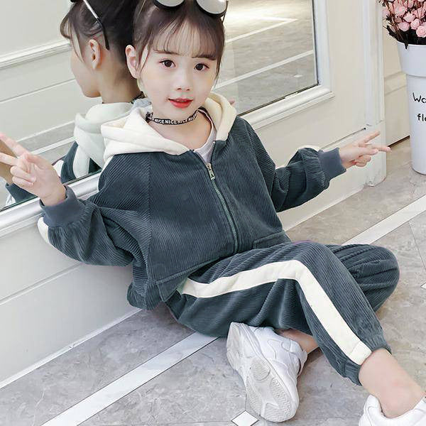 Girls' corduroy outfit set - autumn/winter  new collection - fleece-lined, thickened, stylish two-piece set for mid-to-large children