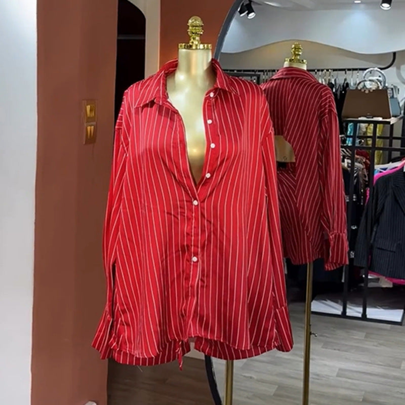 European and american style women's clothing  autumn new collection: sweet and fresh striped turn-down collar long-sleeve shirt and high-waisted straight-leg shorts two-piece set
