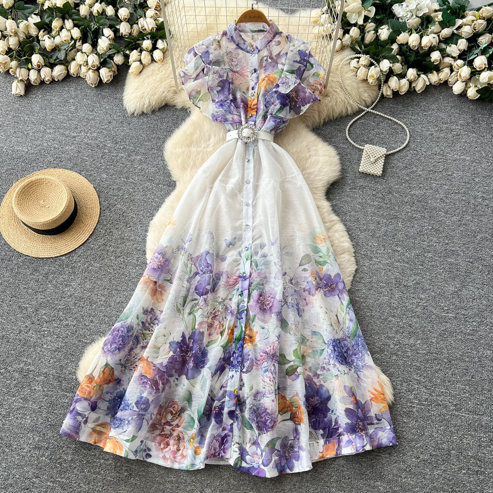 French country style printed sleeveless dress - women's new summer high-waisted slimming a-line maxi dress - elegant commute dress