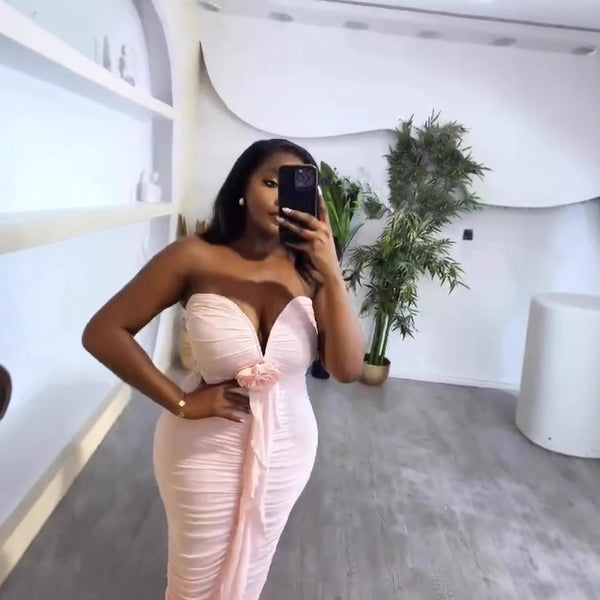 Cross-border European and American new tube top deep V sexy slim and thin backless streamer split hip wrap dress women's clothing
