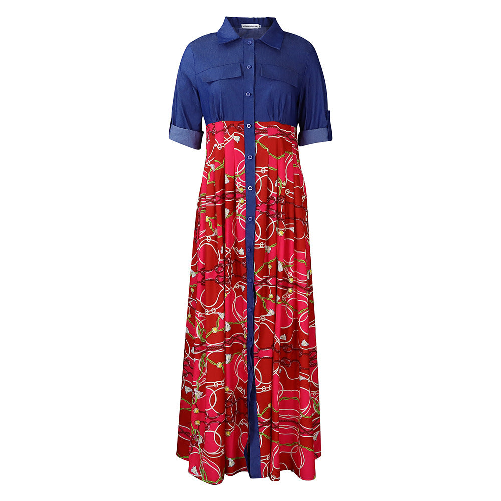 C8551 autumn/winter new plus size women's fashion casual denim patchwork print maxi dress - export quality