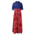 C8551 autumn/winter new plus size women's fashion casual denim patchwork print maxi dress - export quality