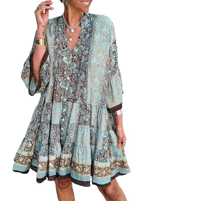 fashion: european and american style, summer new arrival - elegant flared sleeve printed v-neck dress for women