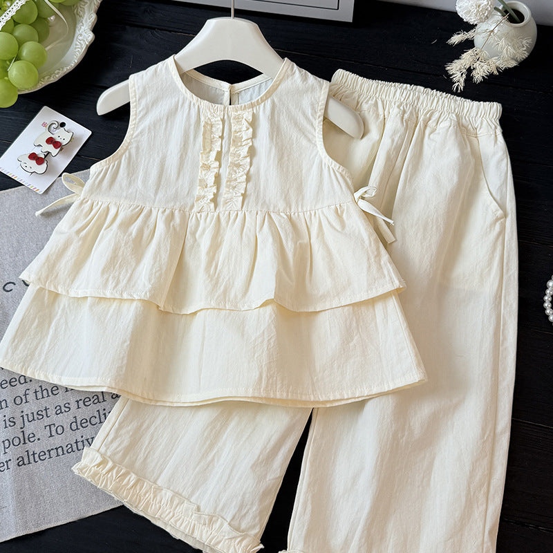 Girls' summer new princess sleeveless tank top set, korean style fashionable and chic baby girl clothes, trendy children's clothing