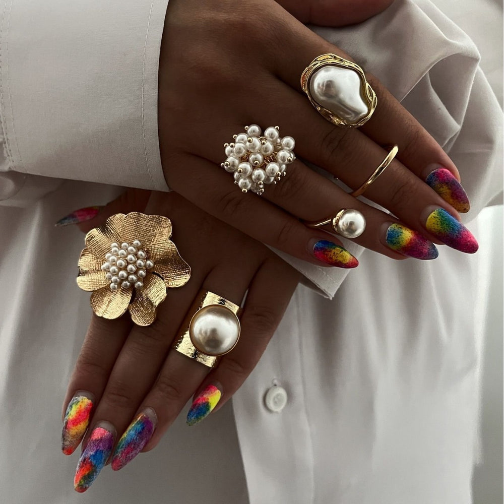 Imitation pearl ring set wholesale - european & american cross-border exaggerated accessories, light luxury retro design, open flower ring